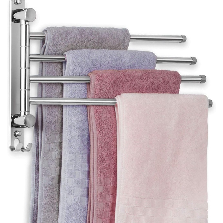 Fali törölközőtartó, SUS304 rozsdamentes acél 180°-ban forgatható karokkal, helytakarékos elforgatható törölközőrúd, erős és tartós szekrényekhez, fürdőszobákhoz, konyhához, elegáns design, könnyen telepíthető