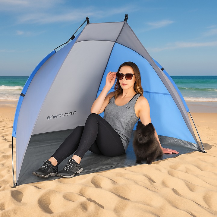 Strandsátor 2 fő részére, UV-védelemmel és szigetelt padlóval, 200x120x120 cm, kék és szürke