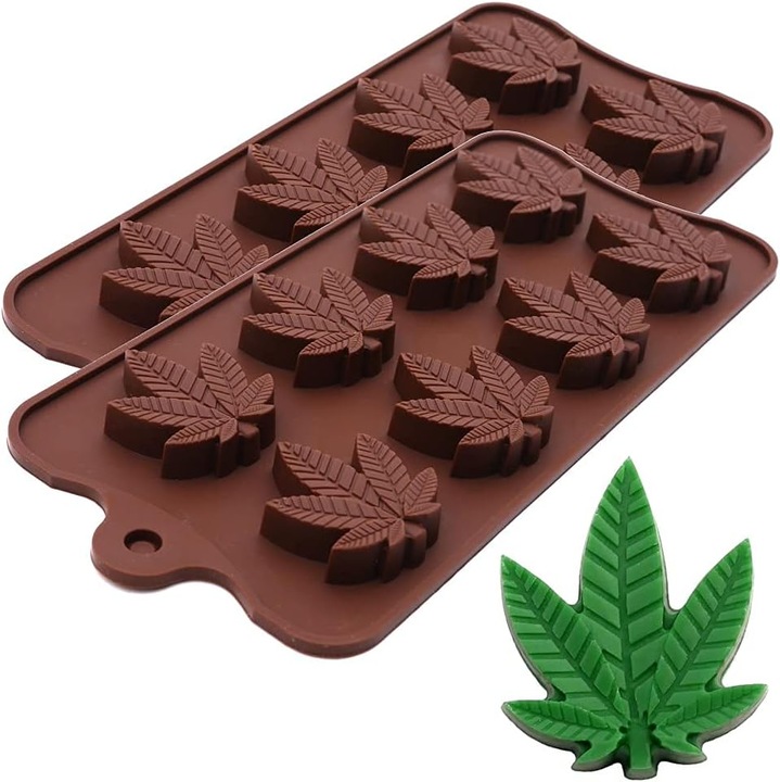 Matrite din silicon cu frunze de canepa, marijuana, canabis, iarba, pentru bomboane, ciocolata, gumate, pachet de 2, maro
