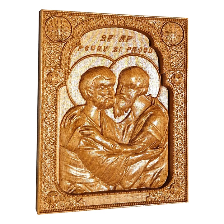 Szent Péter és Pál apostolokat ölelő faragott ikon