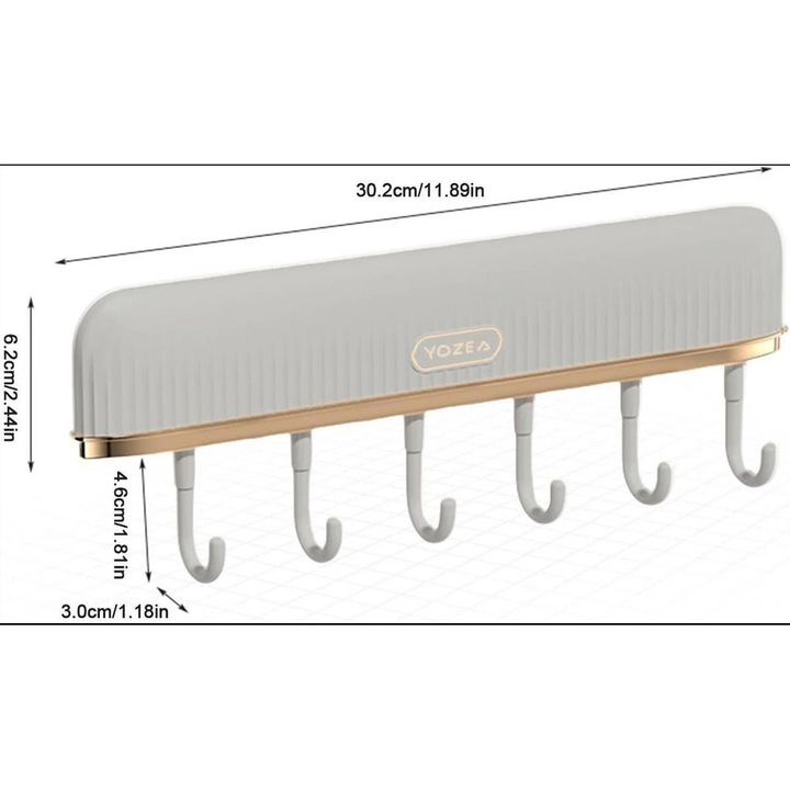 Cuier Adeziv cu 6 Carlige Mobile din Plastic pentru Baie sau Bucatarie, 30.2 x 6.2 x 4.6 cm