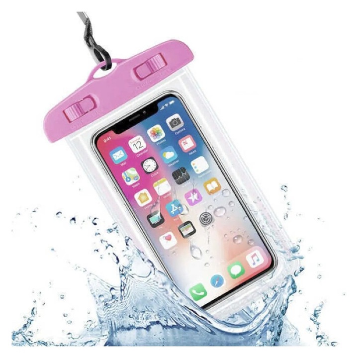 Husa de telefon impermeabila Wontis, compatibila cu toate telefoanele, husa cu curea, husa subacvatica - roz