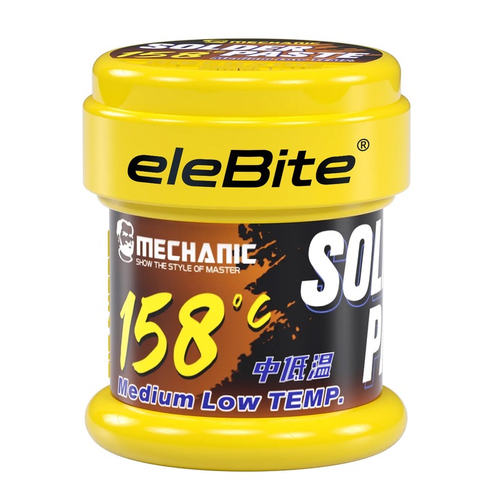 Pasta de lipit universala, eleBite®, 158°C, 50g, cu plumb, pentru componente electronice, senzori, LED SMD, tratament vidat, fara curatare