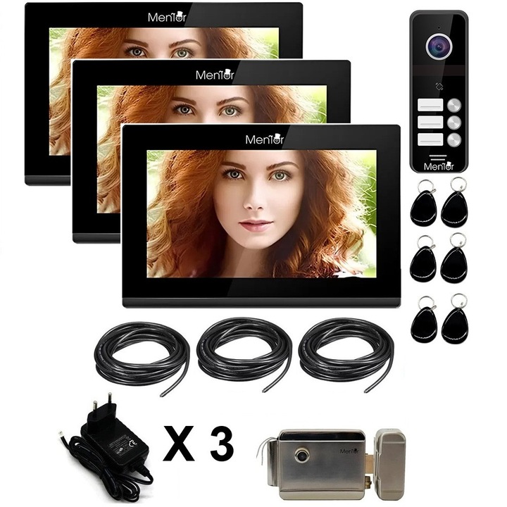 WiFi Videó Kaputelefon készlet 3 Család, 2MP, 7" IPS Érintőkijelző Full HD, Kétirányú Hang, MicroSD, Yala, Mozgásérzékelő, Infravörös, IP65, 4 Vezeték, 4in1, App Hozzáférés, Jelszó, Gomb, 6xKártya, 5xKulcs, Alexa & Google kompatibil, Mentor SYKT064