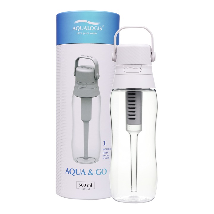 Sticla de filtrare a apei Aqualogis, model Aqua & Go alb, 500 ml
