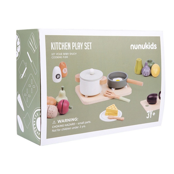 Set accesorii de bucatarie, Nunukids, 34 de piese, Jucarie, Multicolor, 3+ ani, tigaie, oala cu capac, farfurie, 2 recipiente pentru condimente, 2 cutite, lingura, furculita, ou prajit, legume si fructe, lemn