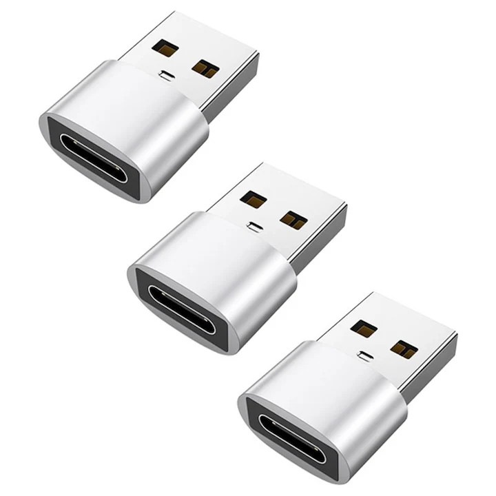 Комплект 3 броя Bervolo® OTG адаптери от USB-A към USB-C, Бързо зареждане 3A, Бърз трансфер на данни, Алуминиев корпус, Компактни, Сребристи
