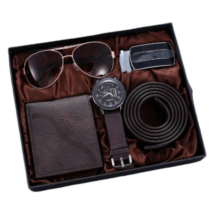Set cadou barbati, portofel din piele ecologica, ochelari de soare, ceas mecanic, curea, maro inchis, 10x9x4cm