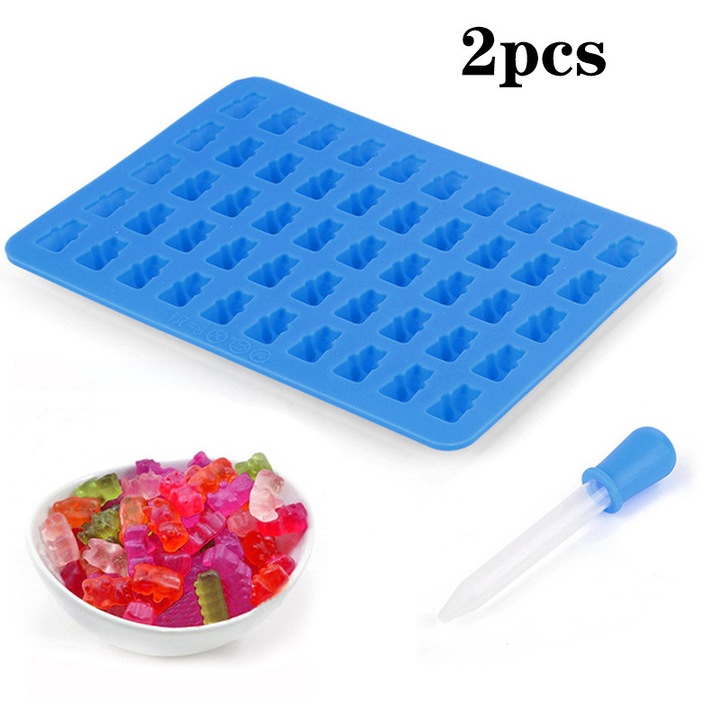IHUIXINHE Forme de silicon pentru bomboane cu ursuleti de guma si tavite pentru cuburi de gheata - Set de 4 forme de ursuleti de guma si 2 pipete pentru ciocolata, jeleu, sirop, forme de sapun