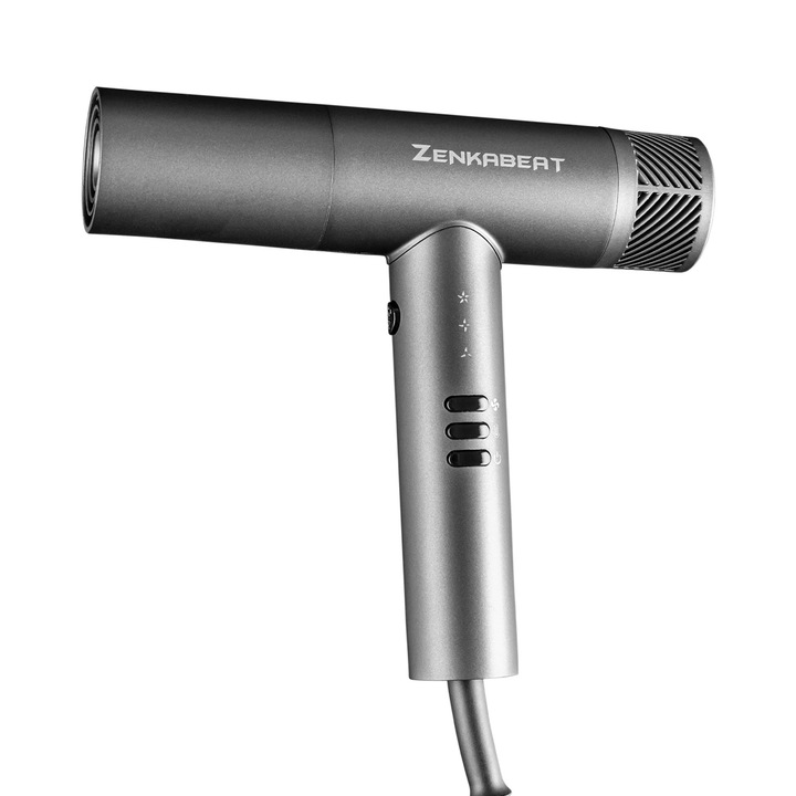 Професионален сешоар, Zenkabeat HD-1B Мощност 1600W, Безчетков мотор, 1 милиард отрицателни йони, 3 температурни настройки, 3 интензитета, 3 магнитни аксесоара в комплекта – един дифузер и два концентратора, сив