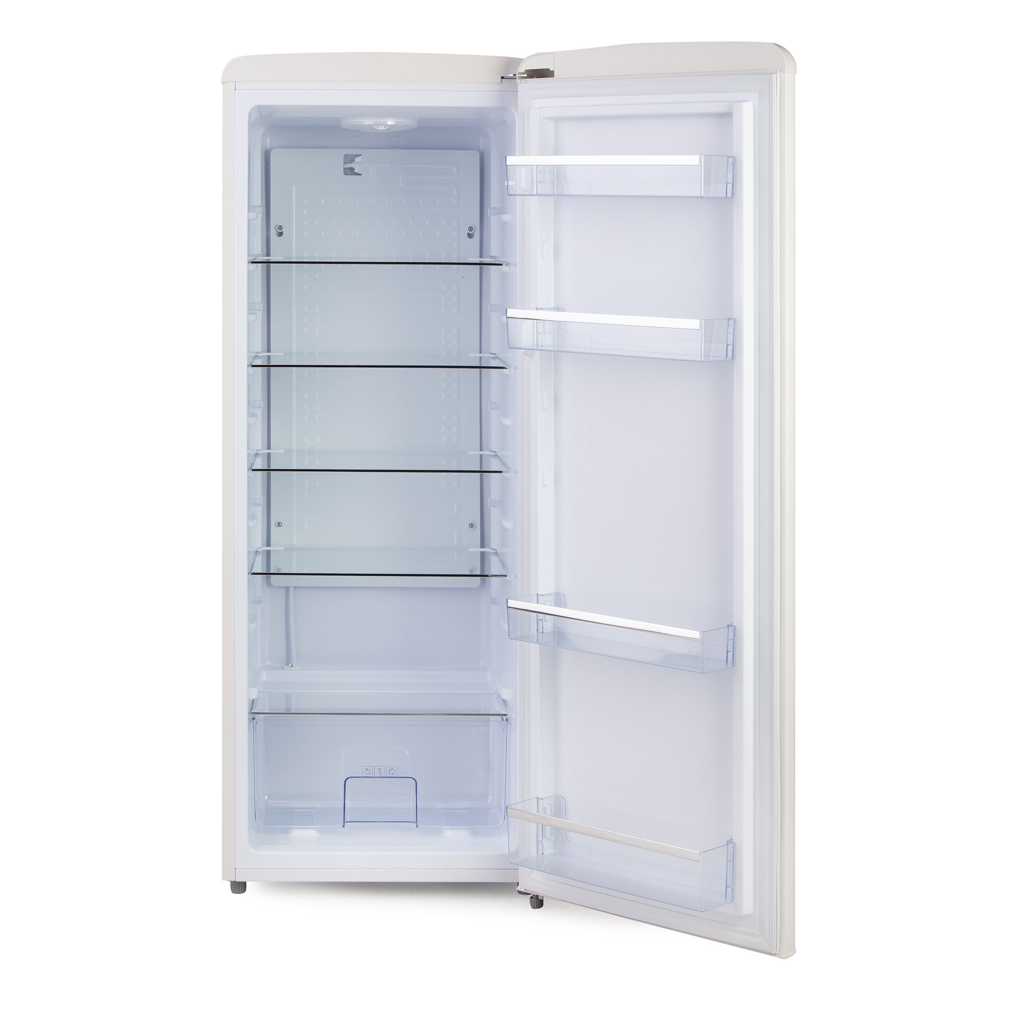 Frigider Retro DOMO, capacitate 225 litri, H 144.5 cm, temperatura reglabila, 5 rafturi din sticla, 4 compartimente pe usa, compartiment fructe/legume, iluminare interioara, maner ergonomic, picioare ajustabile, maner imitatie lemn, alb