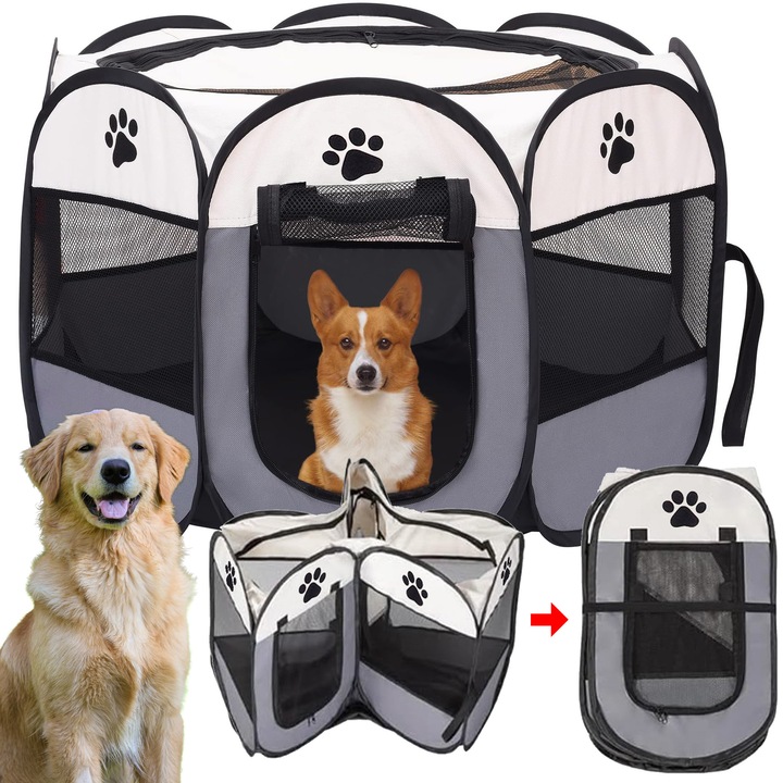 Tarc pentru animale, catei, loc de joaca, Pliabil, 8 panouri, Interior si exterior, textil, cu fermoar, nailon si poliester, Spatiu sigur si confortabil pentru joaca si relaxare, Cort, pentru caini, pisici 75x45x75cm, Gri Crem PP-10-GREY