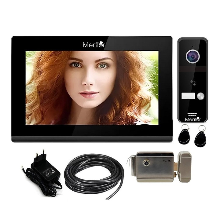 Kit Videointerfon WiFi Smart pentru 1 Familie cu Ecran IPS Touchscreen 7 inch Full HD, Audio Bidirectional, MicroSD, Yala, Senzor Miscare, InfraRed, IP65, 2MP, 4 Fire, 4in1 Acces App Parola Buton 2xCard 5xChei, Compatibil Alexa & Google – Mentor SYKT060