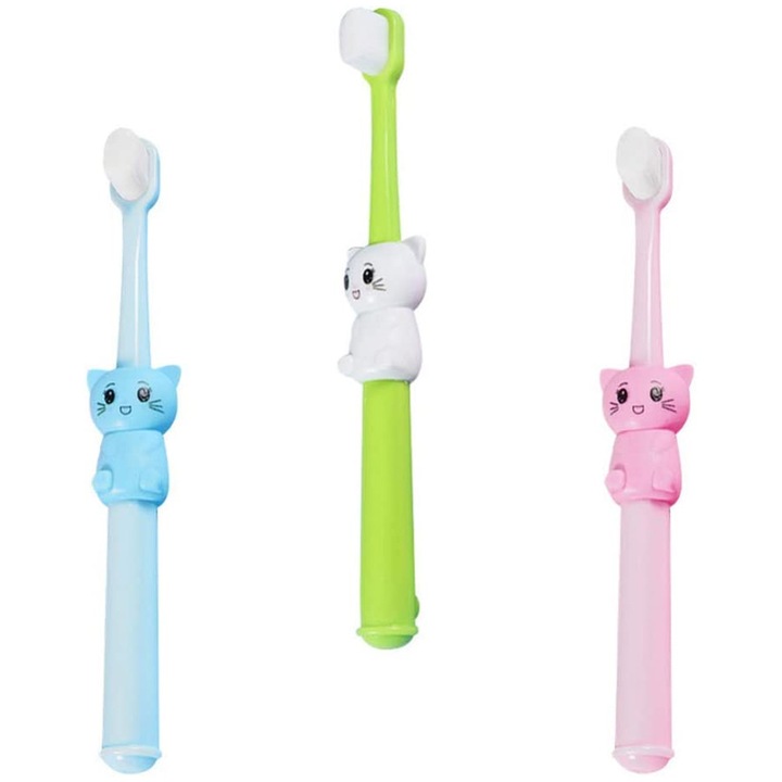 Set 3 periute de dinti pentru copii, design pisica, brate ultra fine, multicolor