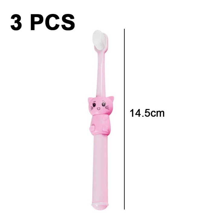 Set 3 periute de dinti pentru copii, design pisica, brate ultra fine, multicolor