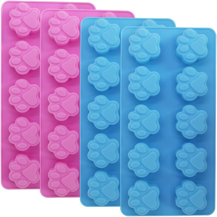 Mucegai din silicon de calitate alimentara, set de 4 pachete reutilizabile pentru caini, pisici, animale, laba, gheata, bomboane, ciocolata, cuptor, congelator, masina de spalat vase