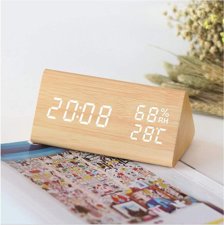 Elektronikus LED fa ébresztőóra, digitális óra 3 riasztási beállítással, USB-ről táplált digitális ébresztőóra idő-, hőmérséklet- és páratartalom-kijelzővel, 12/24 órás formátum