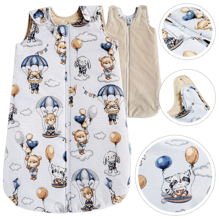 Sac de Dormit Captusit pentru Bebelusi BabyU, Model AVIA, Fermoar Bidirectional, Lungime Reglabila, Protectie Moale pentru Barbie, Antialergic, Bumbac Certificat, 0-9 Luni, 1.5 TOG