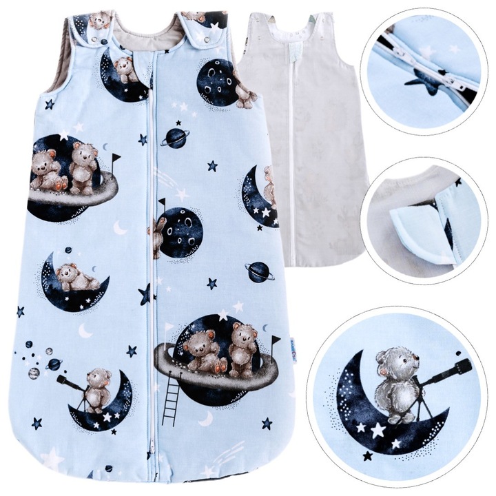 Sac de Dormit de Vara BabyU, Model LUNA, Fermoar bidirectional, Lungime Reglabila, Protectie Moale pentru Barbie, Antialergic, Bumbac Certificat, Muselina, 0.5 TOG, 0-9 Luni