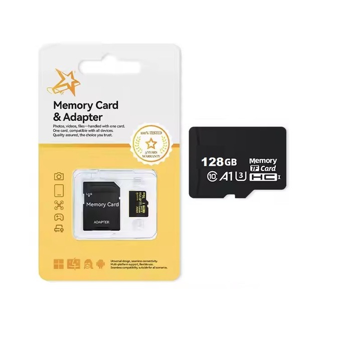 LEDASSE 128GB microSD карта памет с SD адаптер, съвместима с CCTV камери, DVR, GPS, MP3, телефон, таблет, висока скорост на трансфер, надеждно съхранение на снимки, видео и данни