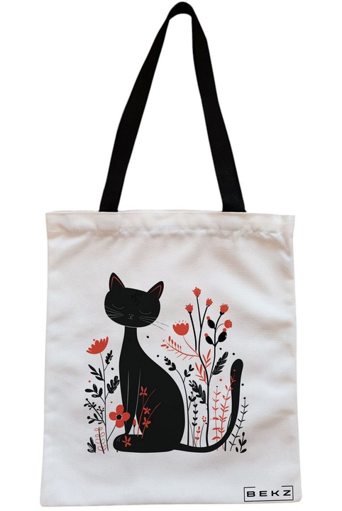 Текстилна чанта с цип, чанта тип „тоут“, Котка и цветя модел 11, 23x18 см, Бяла, BEKZ®