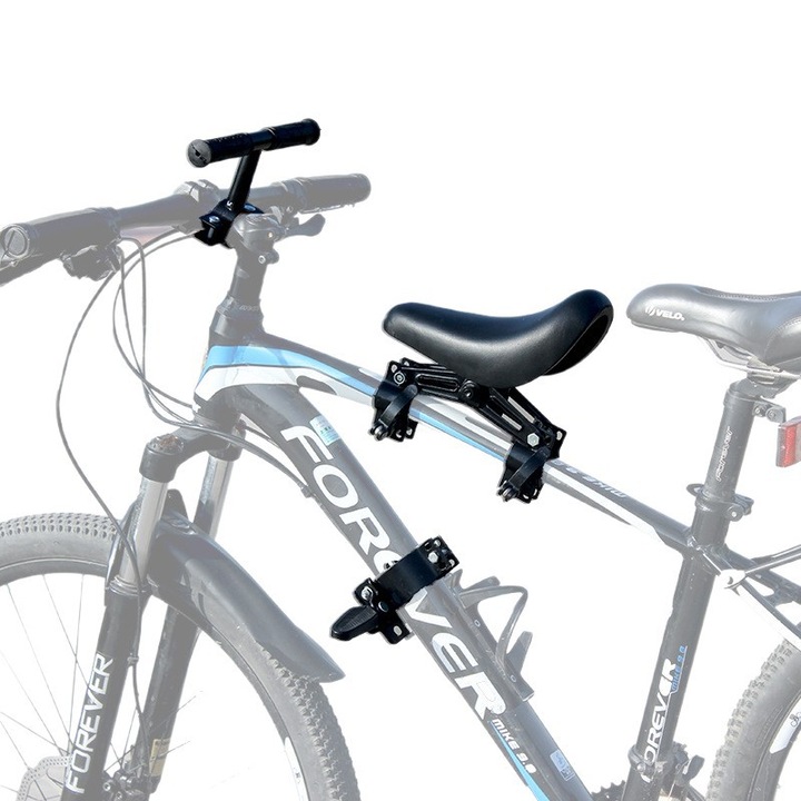 Scaun de bicicleta pentru copii，Scaun copil pentru bicicleta cu montaj pe cadru cu ghidon auxiliar pentru copil, varsta 2-5 ani, capacitate 29 kg, cu suport pentru picioare, Usor de instala, Negru