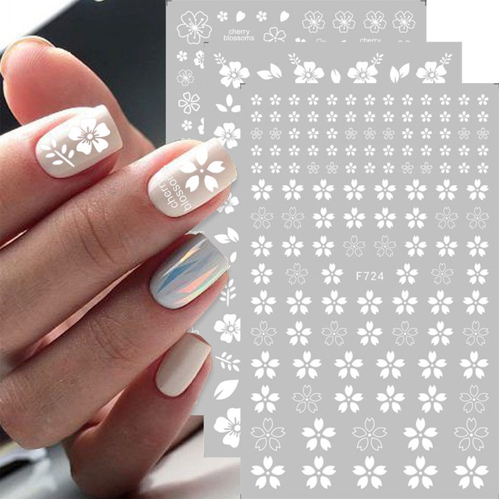 Autocolante pentru unghii cu flori, 8 foi, accesorii pentru unghii, autoadezive, decoratiuni pentru unghii, 12, 2 * 7, 5 cm, alb