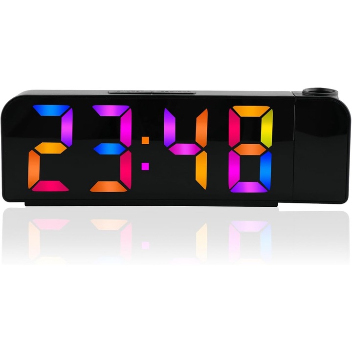 Ceas desteptator cu proiectie, ceas desteptator digital cu LED, afisaj LED mare, amanare, alarma duala, 2 luminozitati de proiectie