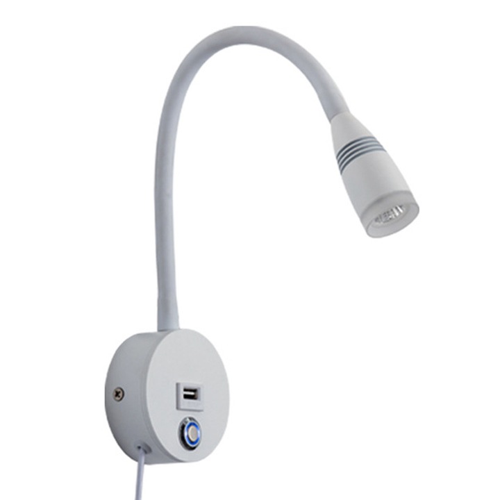 Стенна лампа за четене с USB порт за зареждане, тъч превключвател с димер, LED, топла бяла светлина
