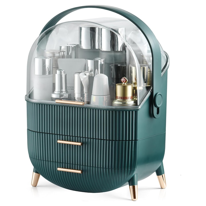 Organizator machiaj cu sertar, capac, rezistent la apa si praf, plastic, DESIGN MODERN, 38 cm x 18cm x 25 cm, HAPPY JOKER®