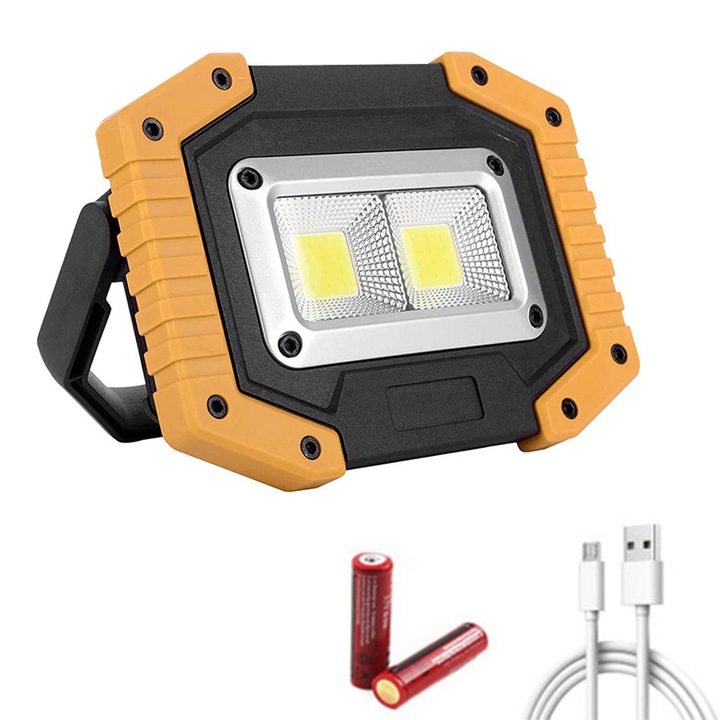 LED munkalámpa 30W, hordozható, újratölthető, sárga-fekete-szürke, 136x102x32mm