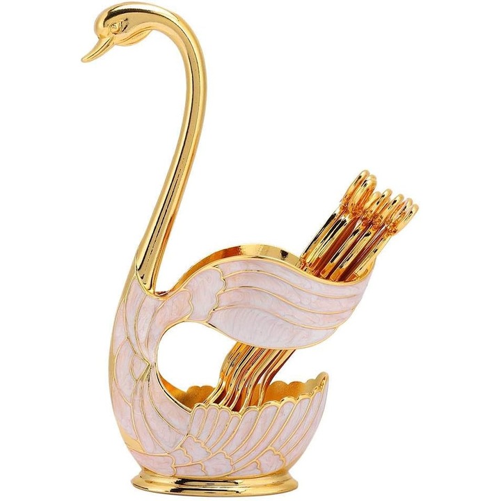 Set de lingurite metalice pentru cafea si desert, tacamuri pentru desert cu fructe, suport pentru baza in forma de lebada, organizator de linguri cu 6 piese: lingurite pentru cafea si desert, lingurite pentru zahar, lingurite pentru inghetata, (1)
