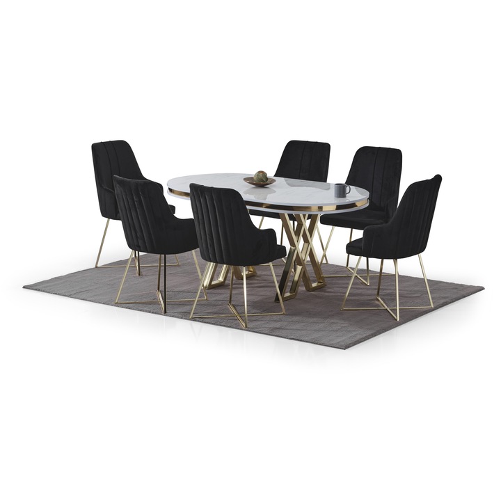 Set masa cu scaune Modella Trend ovala alb auriu cu 6 scaune negre