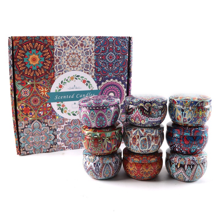 Set de 9 lumanari aromaterapie din ceara de soia, 9 arome, recipient metalic reutilizabil
