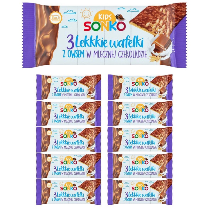 Set 11 napolitane Sonko Kids, wafe cu ovaz in ciocolata cu lapte, 36g