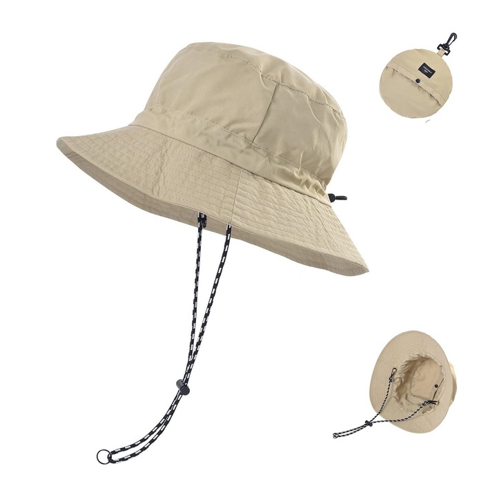 Vízálló, gyorsan száradó, könnyen összecsukható, megköthető, vízálló kalap - UV-védelemmel ellátott szafari kalap. Akasztóval és csattal. (Khaki szín)