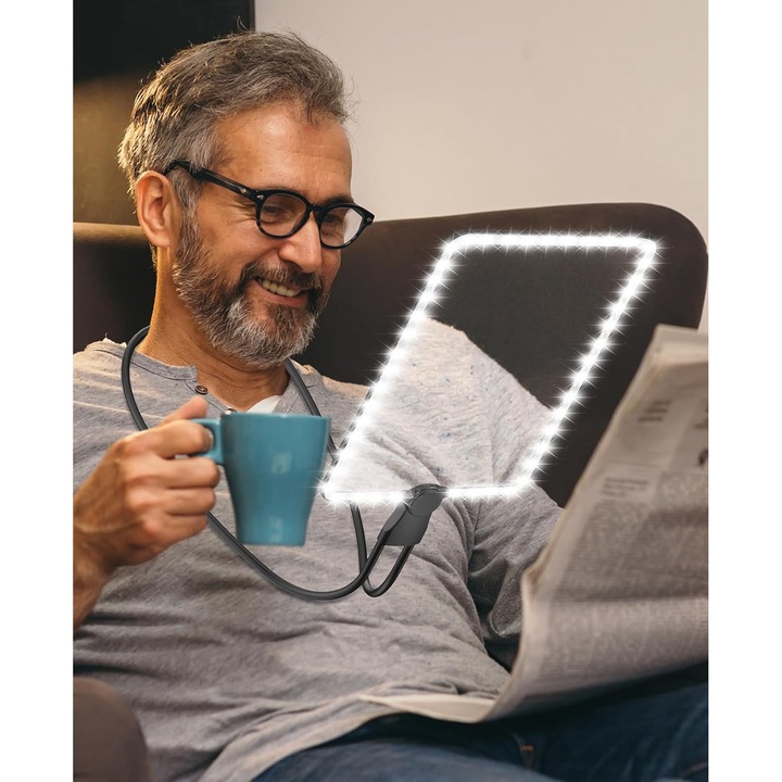 Lupa 5X hands-free cu lumina pentru lucru de aproape, lupa mare pentru gat de 6 "7" x 9 "5" pentru citit carti, cusut, goblen. Seniori cu vedere slaba si ochi imbatraniti (negru)