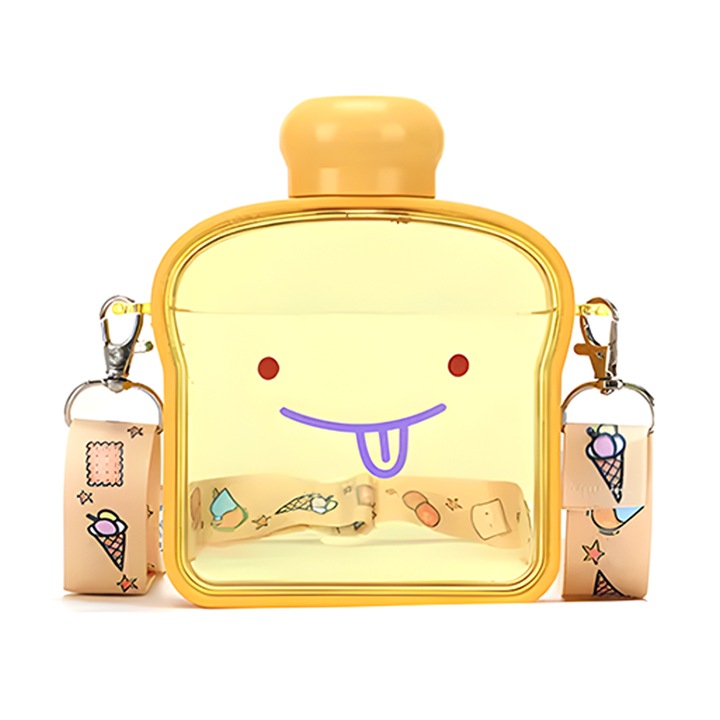 Sticla de Apa pentru Copii Teno®, forma de toast, fara BPA, anti-scurgere, usor de curatat, curea reglabila inclusa, pentru copii, 380 ml, galben