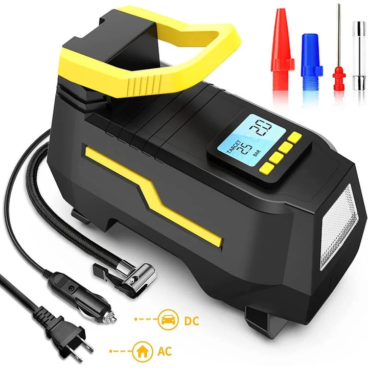 Въздушен компресор 220V/12V, 150PSI, с комплект адаптери, LED лампа, за велосипеди, мотоциклети, топки - комплект