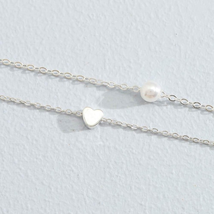 Colier multilayer, inima si perla, argintiu, circumferinta 51-80cm