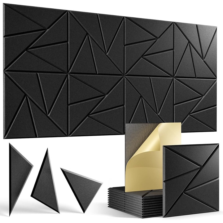 Set de 12 panouri acustice, WALALLA, autoadezive, 30x30x0.9cm, pentru izolare fonica si decorare interioara, Triunghi Negru
