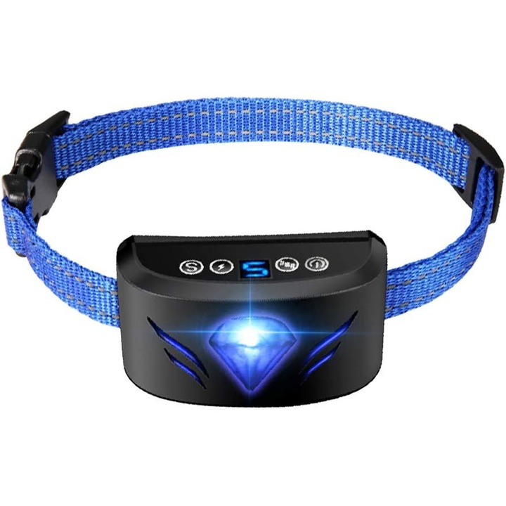 Zgarda electronica anti-latrat, moduri beep/vibratie/soc, sensibilitate ajustabila, albastra, 65x33x34mm, set