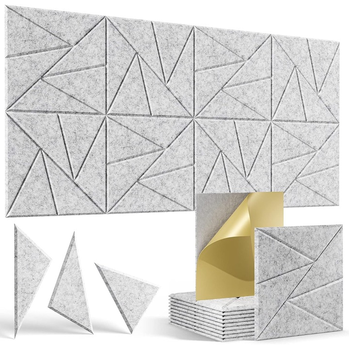 Set de 12 panouri acustice, WALALLA, autoadezive, 30x30x0.9cm, gri triunghiular, pentru izolare fonica si decorare interioara