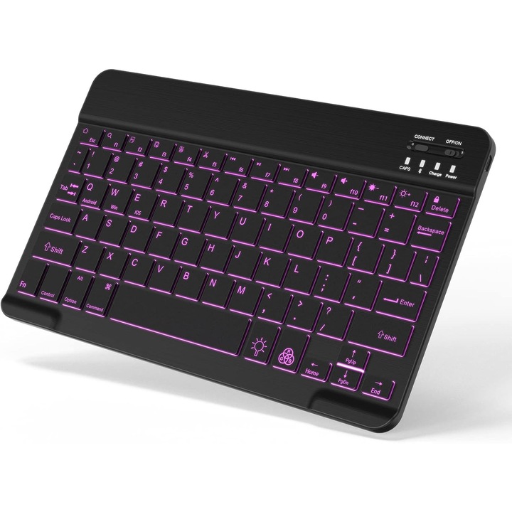 Осветена Bluetooth клавиатура, преносима, 7 цвята, 24.5x15x0.75см, съвместима с Android и Windows