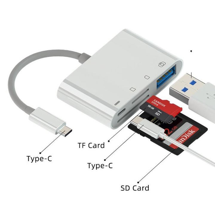 4 в 1 четец на карти тип C, USB адаптер, поддръжка на SD/TF, преносим