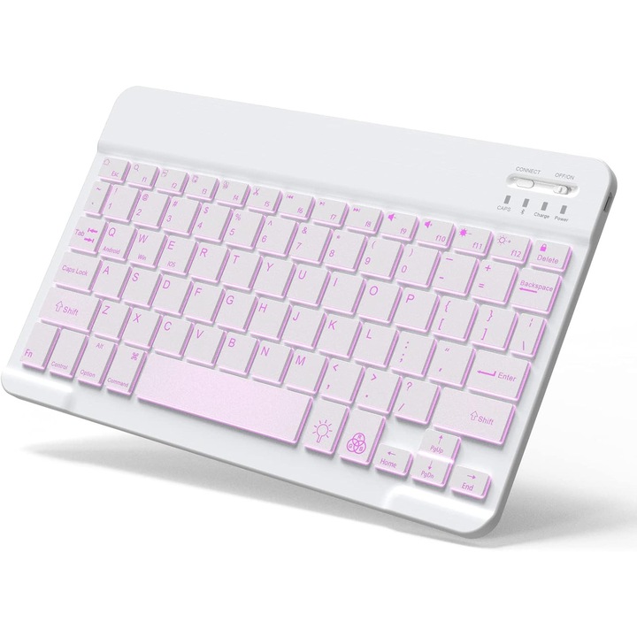 Осветена Bluetooth клавиатура, 7 цвята, компактна, бяла, 24.5x15x0.75см
