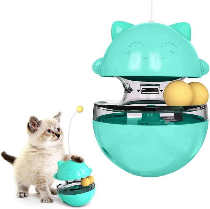 Interaktív macskajáték, 3 az 1-ben, labdával és tápadagolóval, kék, 10x10x13.5cm