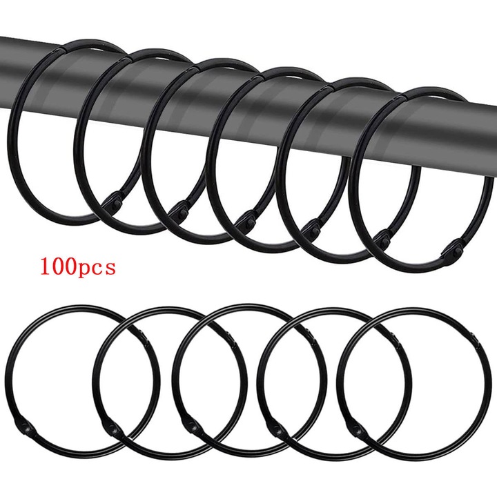 Set 100 inele pentru perdele de dus, metalice, rotunde, rezistente la rugina, 3.0x50mm, negru