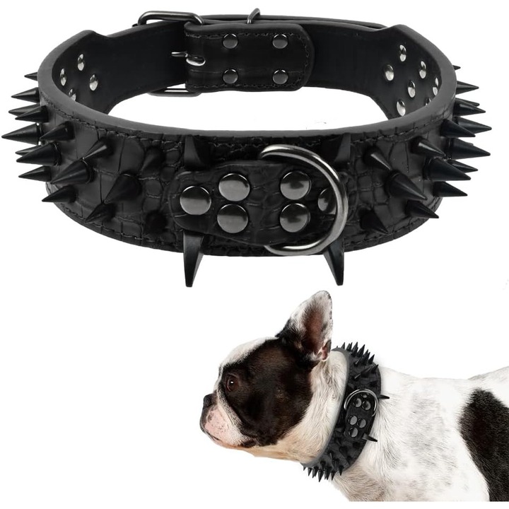 Zgarda caine piele, tepi, reglabila, negru, 51x5cm