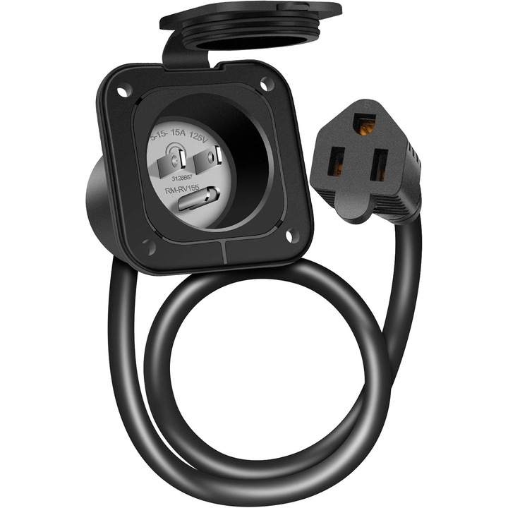 Priza flansata 15A 125V cu cablu prelungitor 18" rezistenta la intemperii 7.1x6.7x6.7cm
